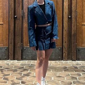 12th Tribe - Charlotte Teal Jacquard Cropped Blazer & Mini Skirt - Both Small